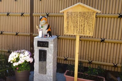 三毛猫の石像がある風景